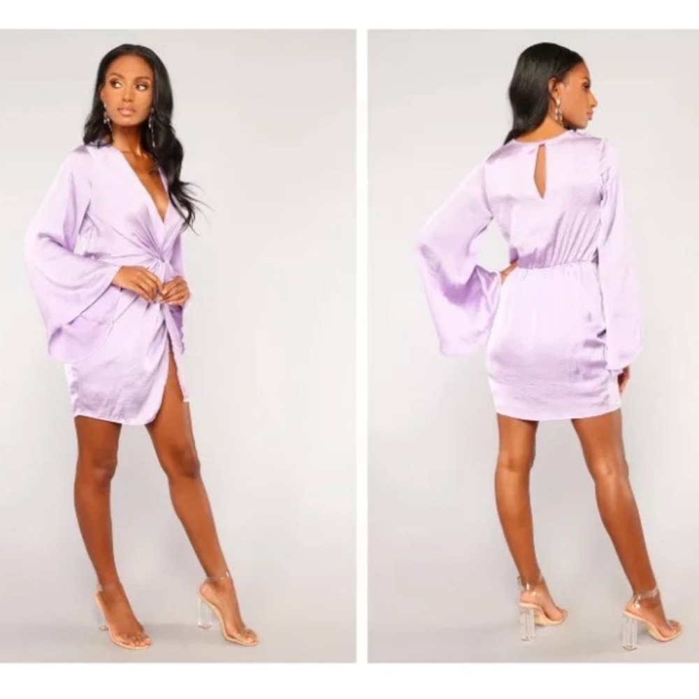NWT Shein Sugar Land Satin Violet Slip Bat Bell long sleeve knot dress XL